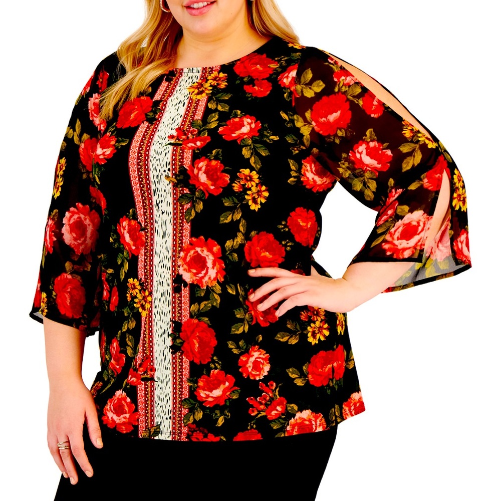 Plus Size Split Level Sleeve Floral Top - image 1